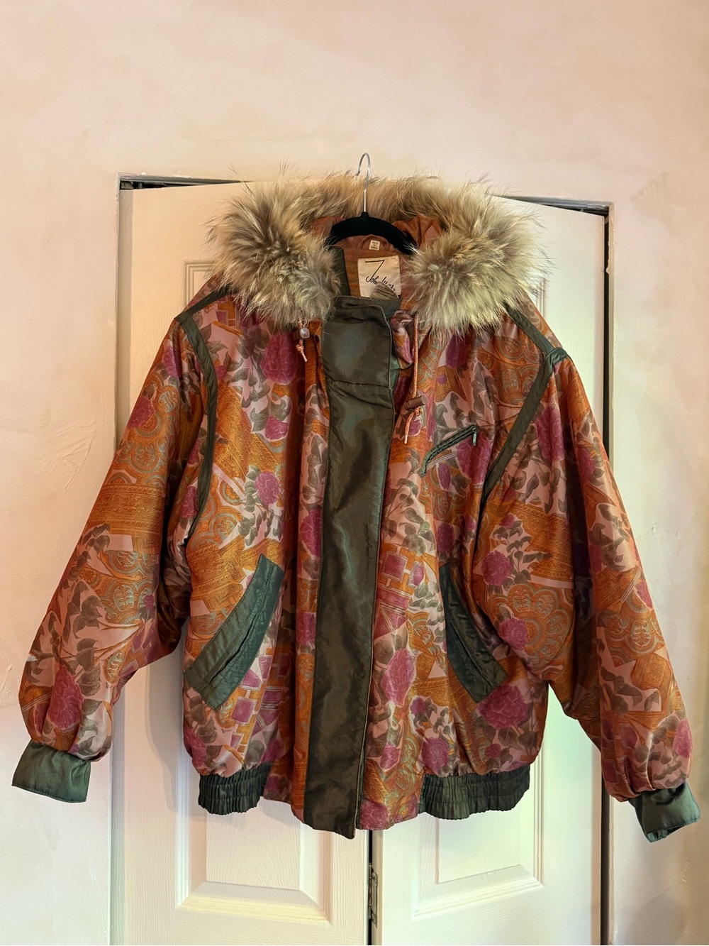 Floral Paisley Bomber Jacket with Real Fur Hood - Multi